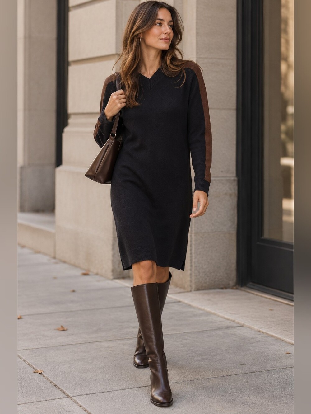 COS Navy Brown 100% Merino Wool Knit Sweater Dress Medium Minimalist Stripe